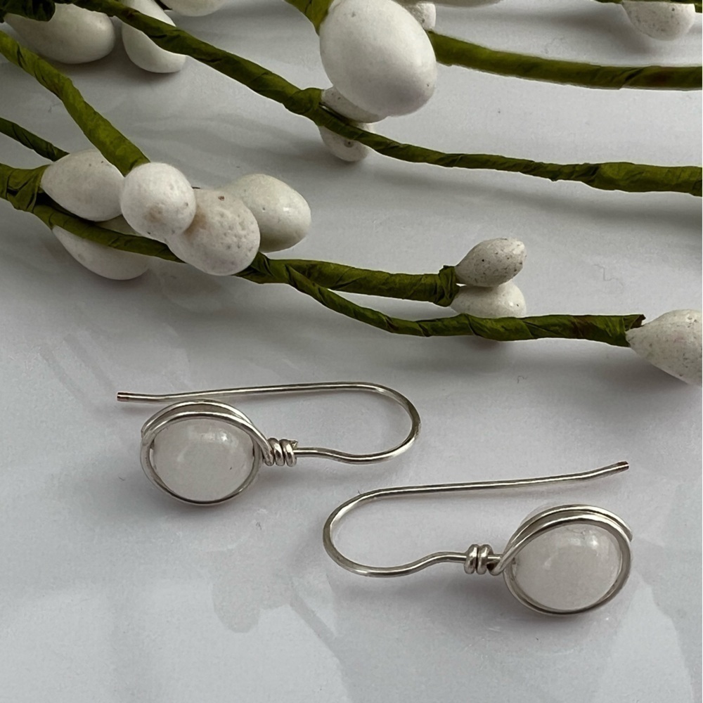 Artisan White Jade and Silver Wire Wrapped Earrings - Picture 11 of 11